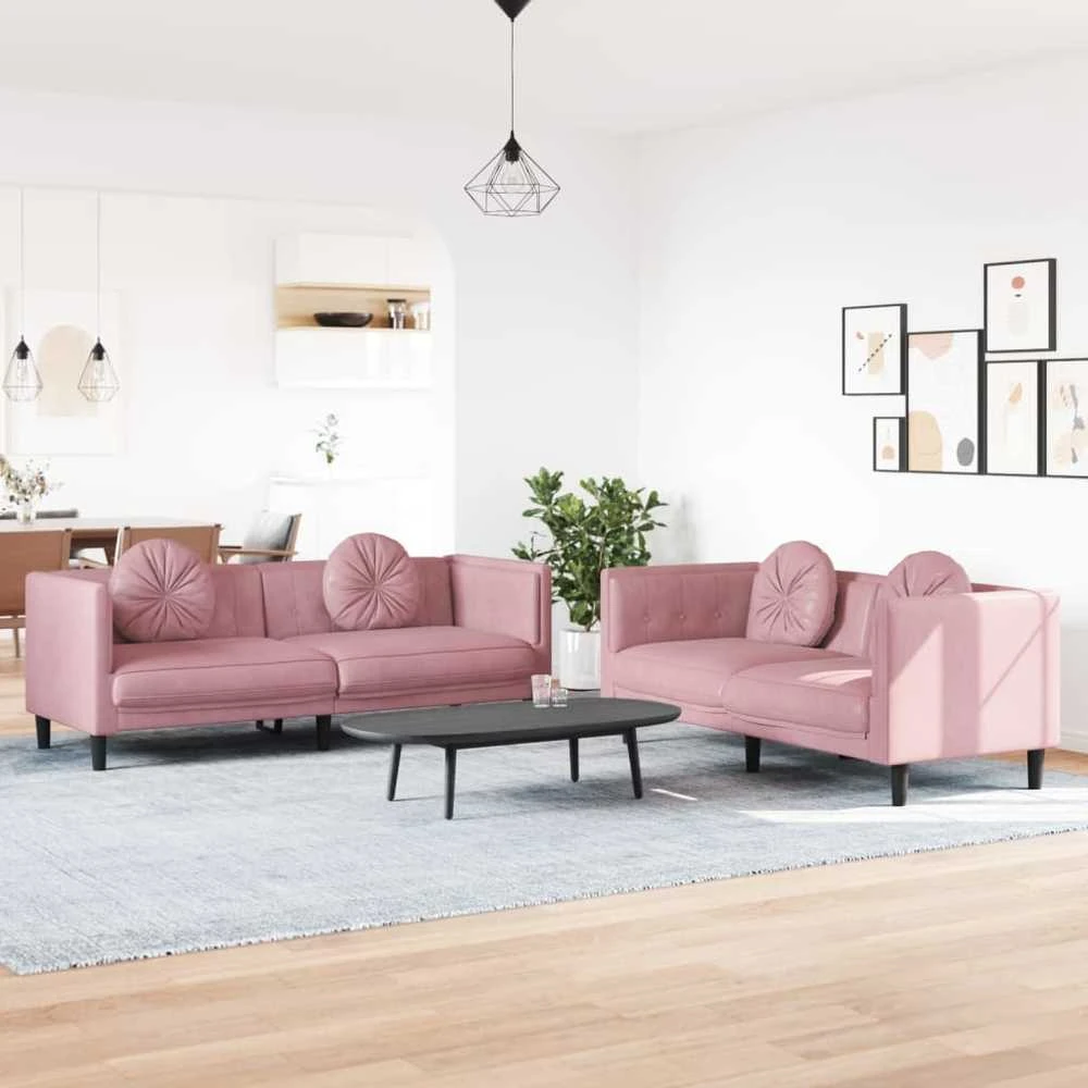 Sofa Sofos komplektas su pagalvėmis, 2 dalių, rožinis, aksomas