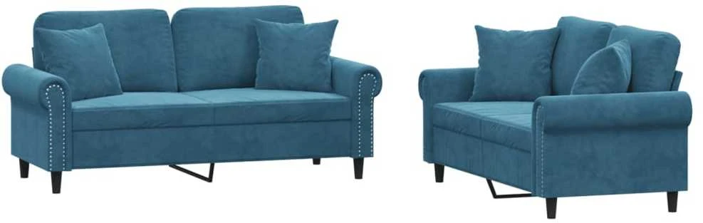 Sofa Sofos komplektas su pagalvėmis, 2 dalių, mėlynas, aksomas