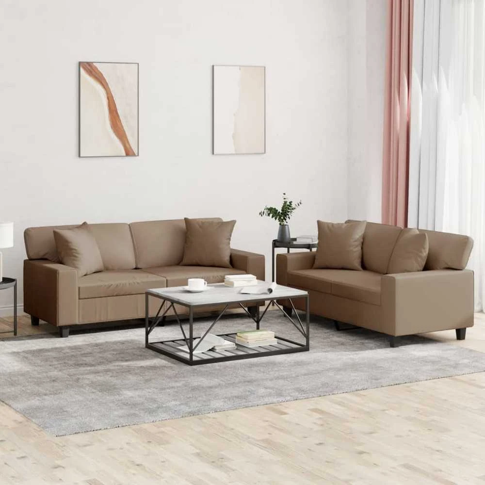 Sofa Sofos komplektas su pagalvėmis, 2 dalių, kapučino, dirbtinė oda