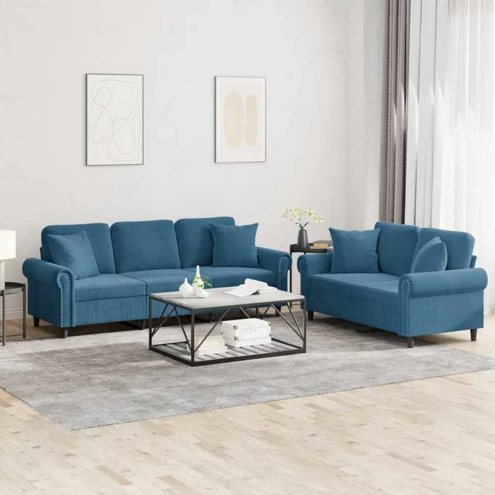 Sofa Sofos komplektas su pagalvėmis, 2 dalių, mėlynas, aksomas