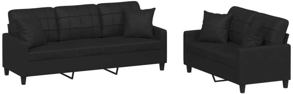 Sofa Sofos komplektas su pagalvėmis, 2 dalių, juodas, dirbtinė oda
