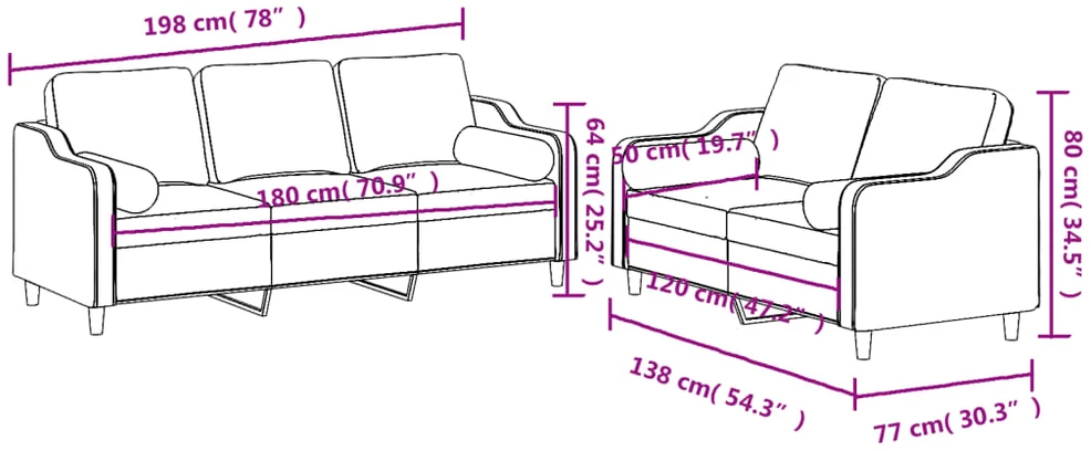 Sofa Sofos komplektas su pagalvėmis, 2 dalių, rudas, audinys