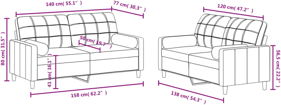 Sofa Sofos komplektas su pagalvėmis, 2 dalių, kreminis, audinys