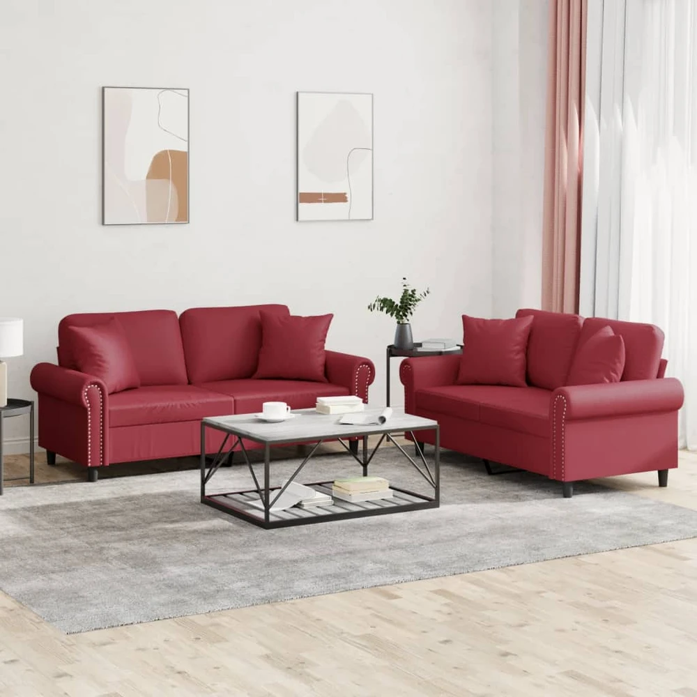 Sofa Sofos komplektas su pagalvėmis, 2 dalių, vyno, dirbtinė oda