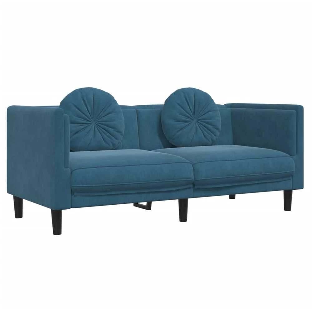 Sofa Sofos komplektas su pagalvėmis, 2 dalių, mėlynas, aksomas