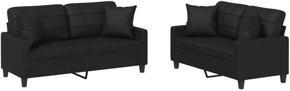 Sofa Sofos komplektas su pagalvėmis, 2 dalių, juodas, dirbtinė oda