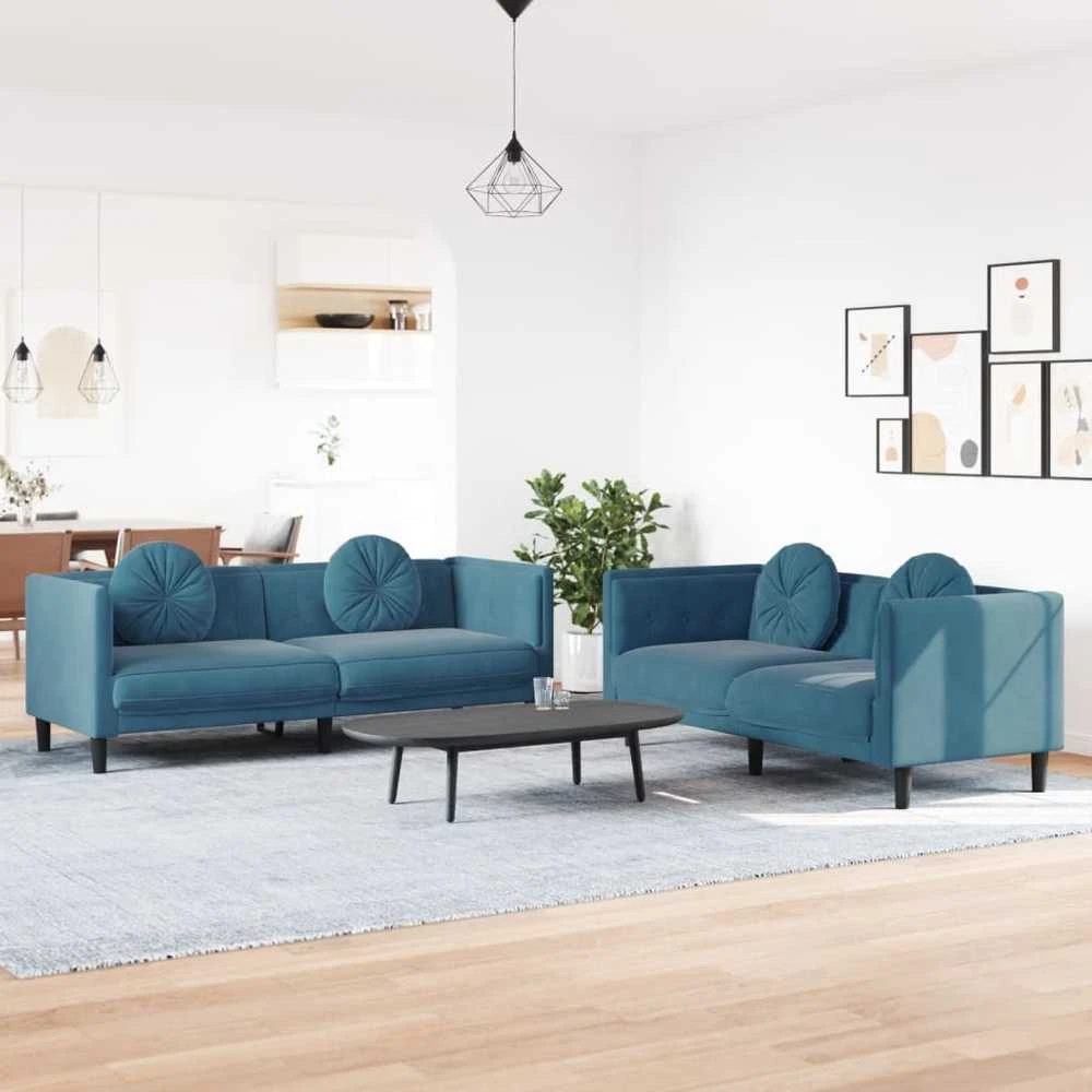 Sofa Sofos komplektas su pagalvėmis, 2 dalių, mėlynas, aksomas