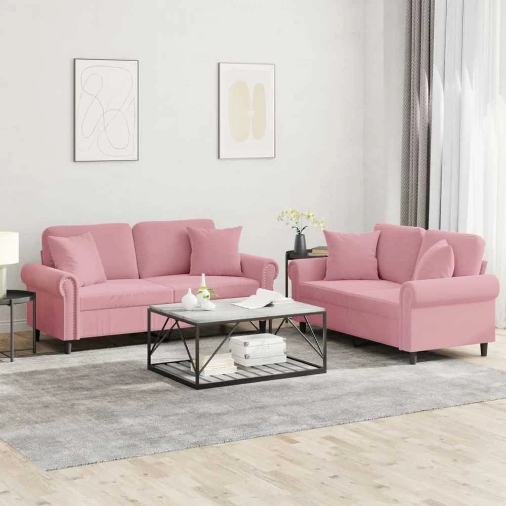 Sofa Sofos komplektas su pagalvėmis, 2 dalių, rožinis, aksomas
