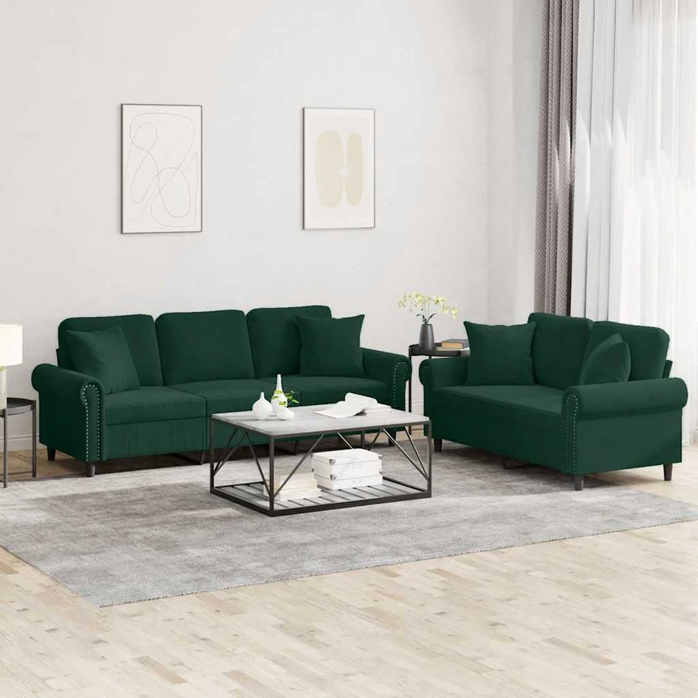 Sofa Sofos komplektas su pagalvėmis, 2 dalių, žalias, aksomas