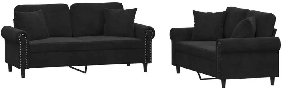 Sofa Sofos komplektas su pagalvėmis, 2 dalių, juodas, aksomas