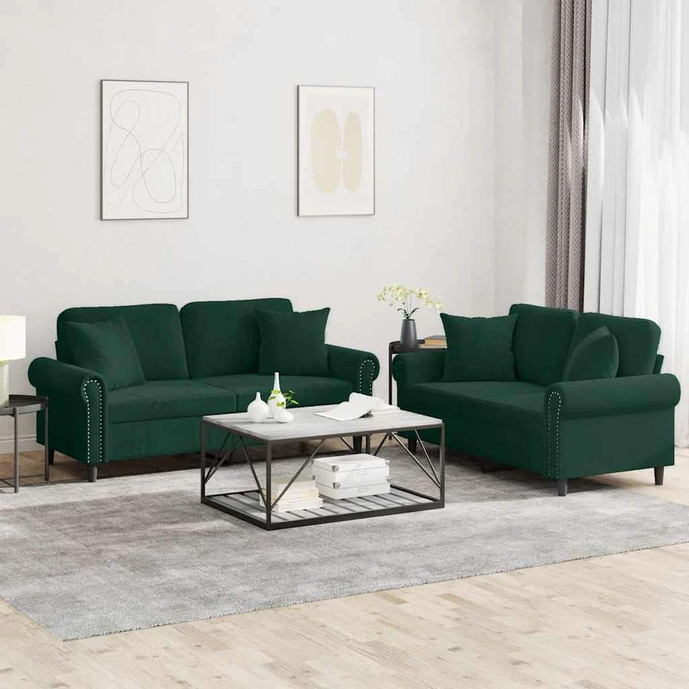Sofa Sofos komplektas su pagalvėmis, 2 dalių, žalias, aksomas