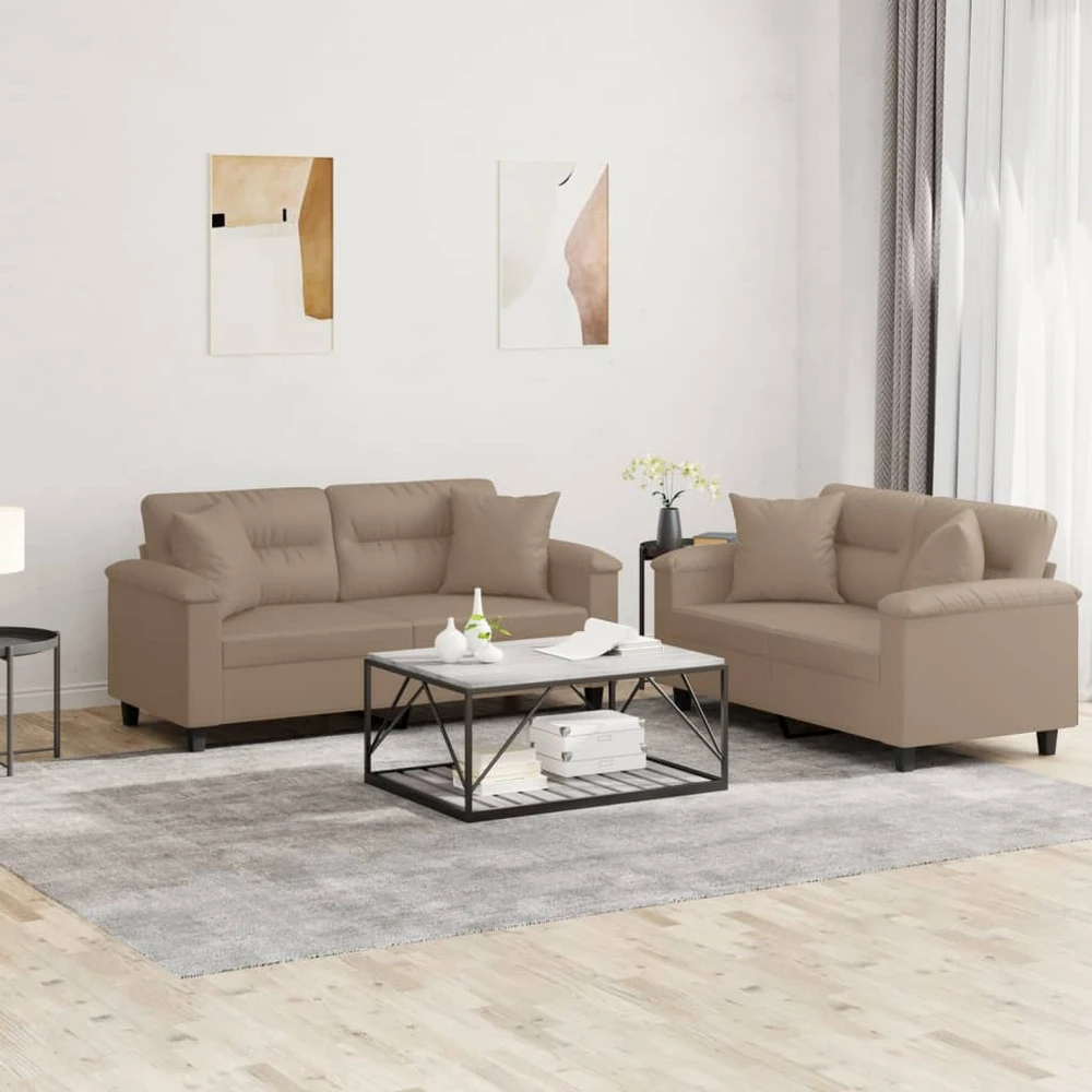 Sofa Sofos komplektas su pagalvėmis, 2 dalių, kapučino, dirbtinė oda