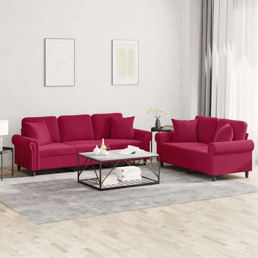 Sofa Sofos komplektas su pagalvėmis, 2 dalių, vyno, aksomas
