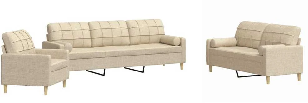 Sofa Sofos komplektas su pagalvėmis, 3 dalių, kreminis, audinys
