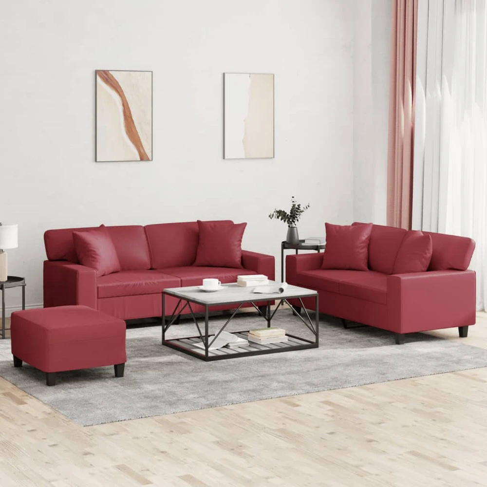 Sofa Sofos komplektas su pagalvėmis, 3 dalių, vyno, dirbtinė oda