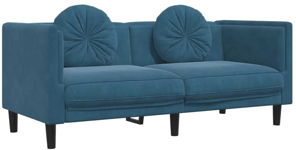 Sofa Sofos komplektas su pagalvėmis, 3 dalių, mėlynas, aksomas