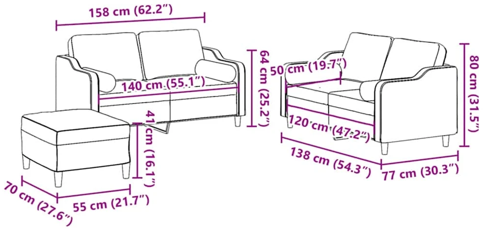 Sofa Sofos komplektas su pagalvėmis, 3 dalių, juodas, audinys