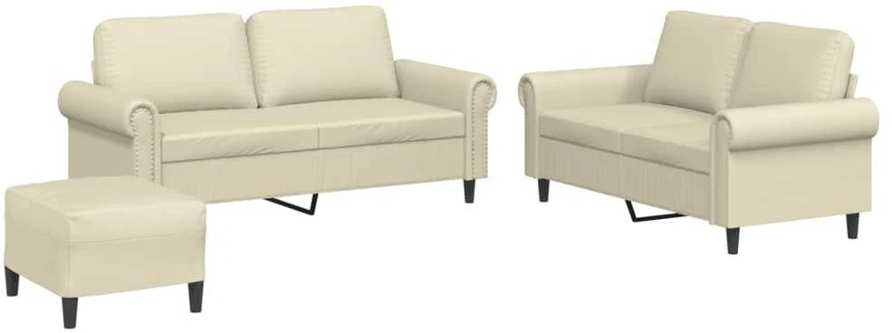 Sofa Sofos komplektas su pagalvėmis, 3 dalių, kreminis, dirbtinė oda