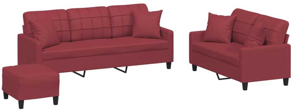 Sofa Sofos komplektas su pagalvėmis, 3 dalių, vyno, dirbtinė oda