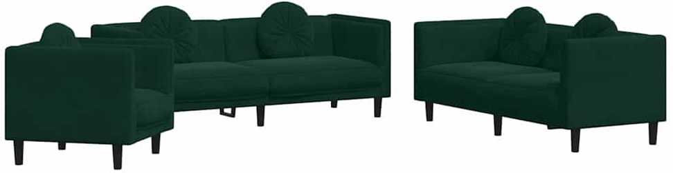 Sofa Sofos komplektas su pagalvėmis, 3 dalių, žalias, aksomas