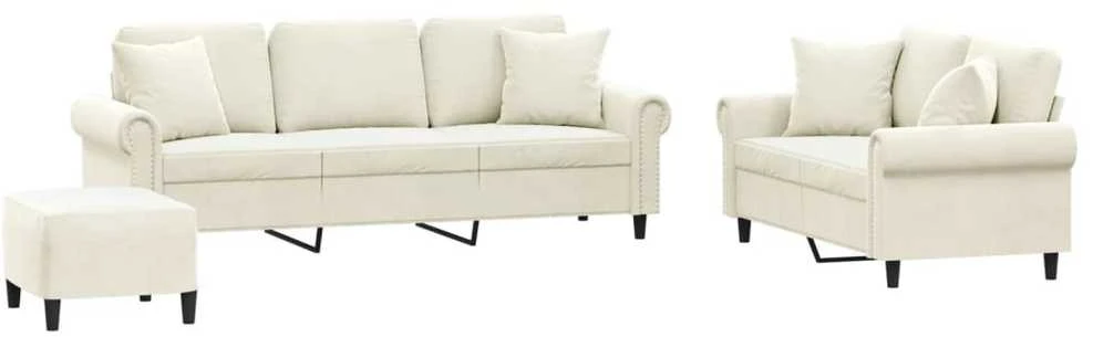 Sofa Sofos komplektas su pagalvėmis, 3 dalių, kreminis, aksomas