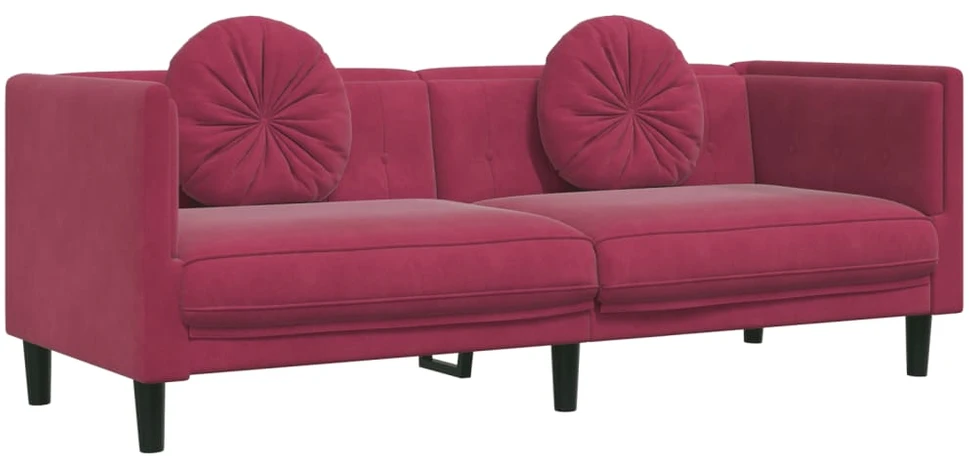Sofa Sofos komplektas su pagalvėmis, 3 dalių, vyno, aksomas