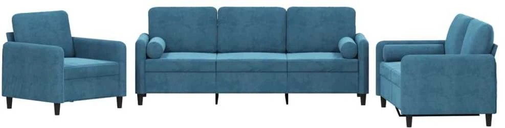 Sofa Sofos komplektas su pagalvėmis, 3 dalių, mėlynas, aksomas