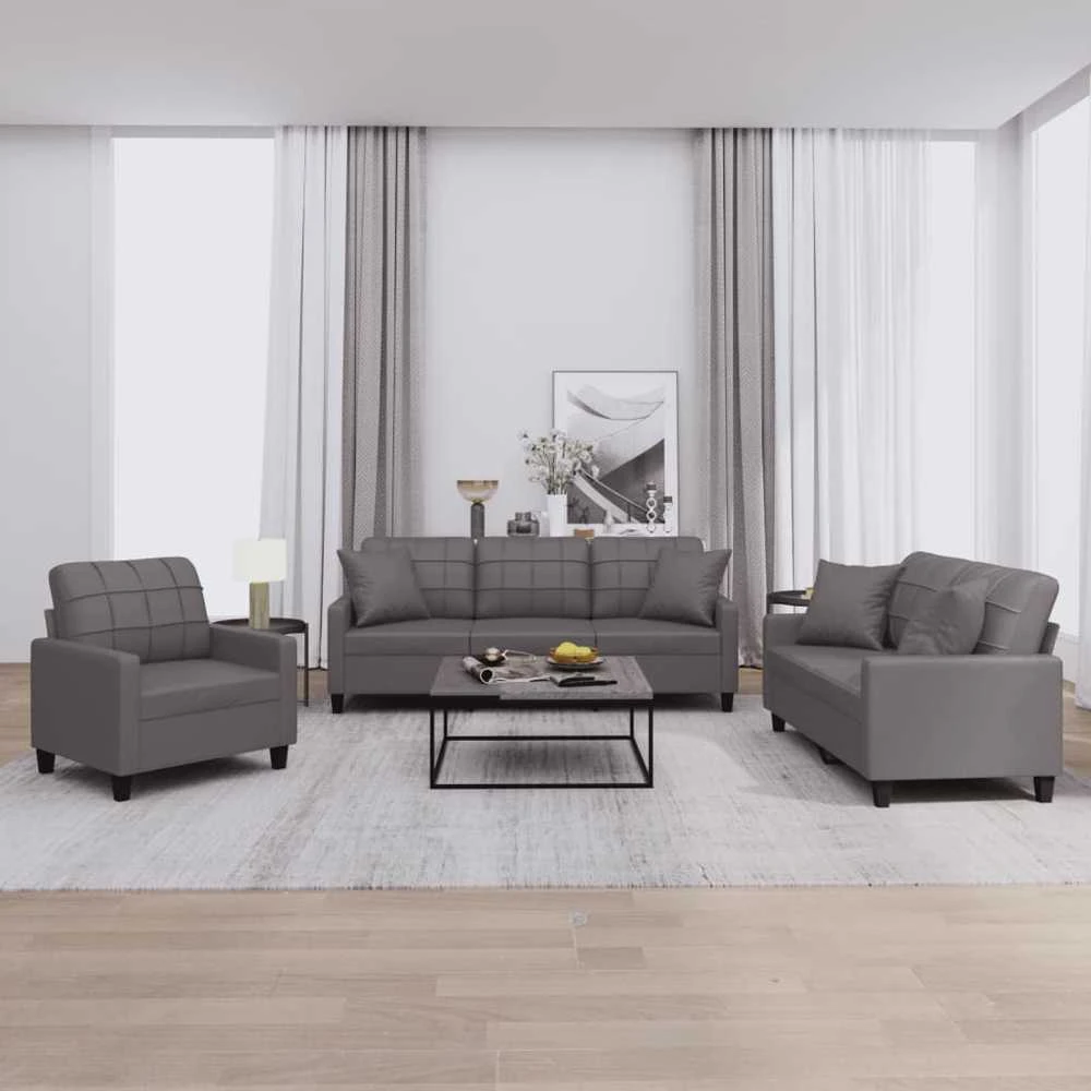 Sofa Sofos komplektas su pagalvėmis, 3 dalių, pilkas, dirbtinė oda