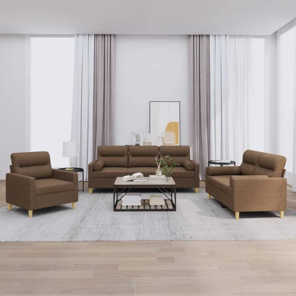 Sofa Sofos komplektas su pagalvėmis, 3 dalių, rudas, audinys