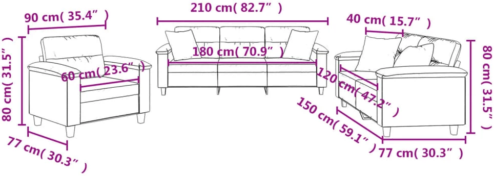 Sofa Sofos komplektas su pagalvėmis, 3 dalių, smėlio, audinys
