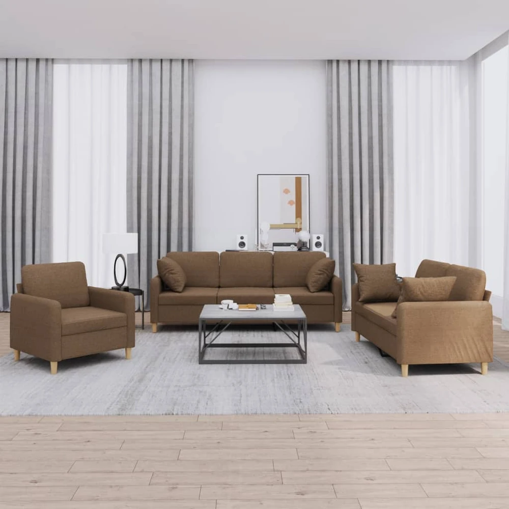 Sofa Sofos komplektas su pagalvėmis, 3 dalių, rudas, audinys