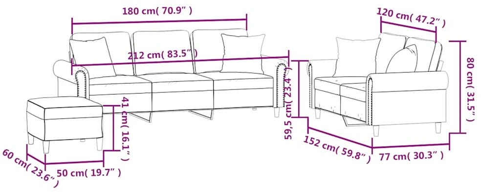 Sofa Sofos komplektas su pagalvėmis, 3 dalių, rudas, aksomas