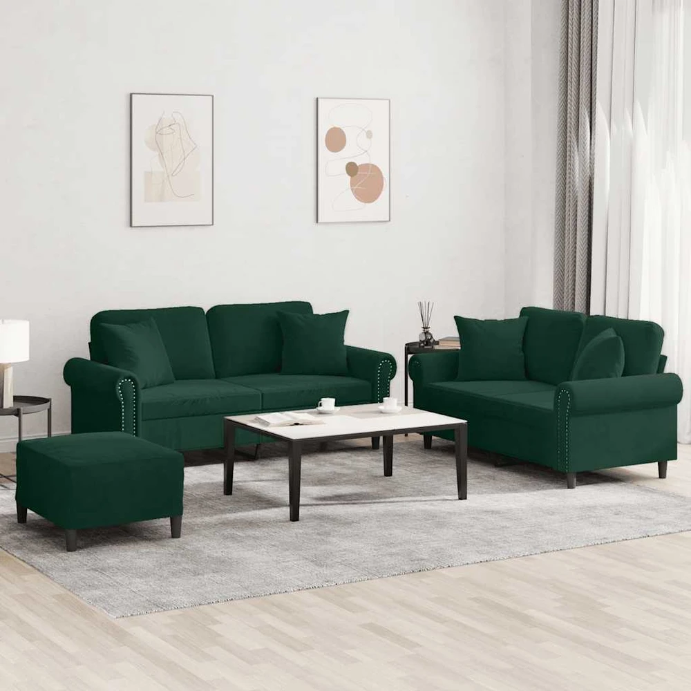 Sofa Sofos komplektas su pagalvėmis, 3 dalių, žalias, aksomas
