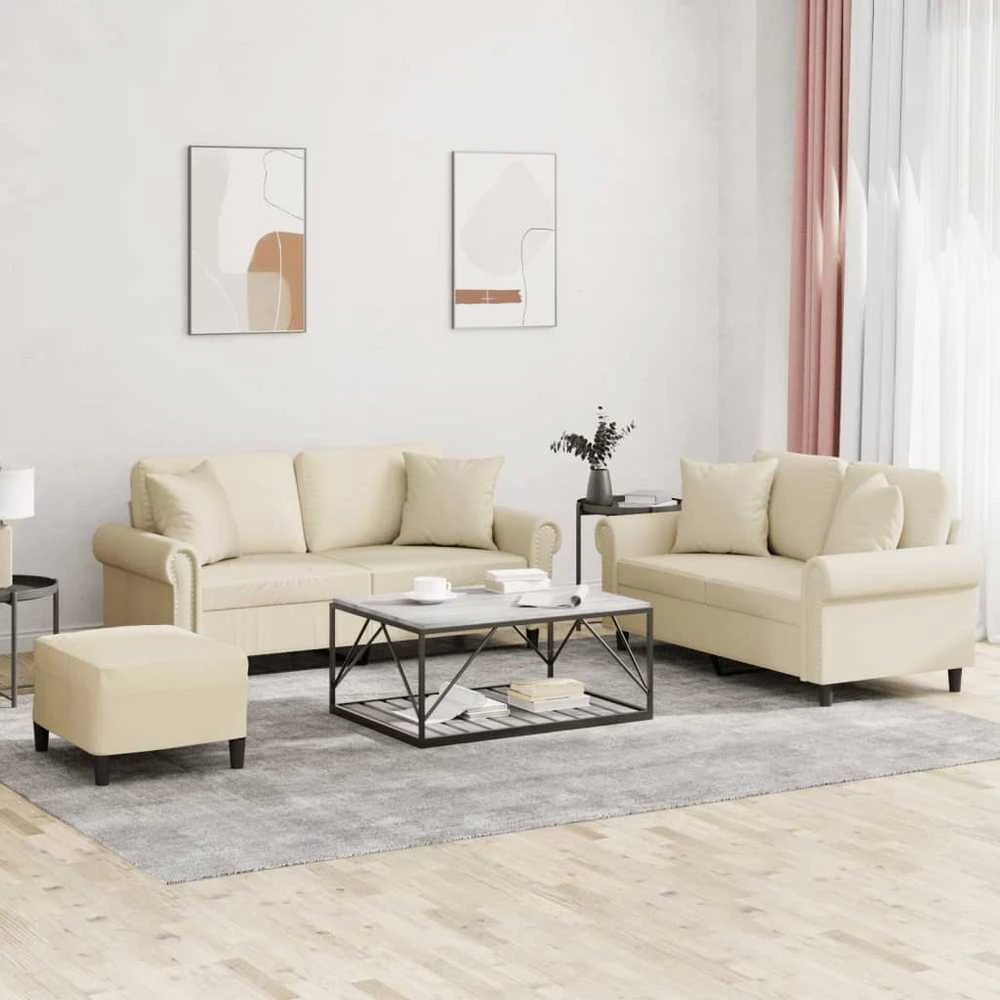 Sofa Sofos komplektas su pagalvėmis, 3 dalių, kreminis, dirbtinė oda