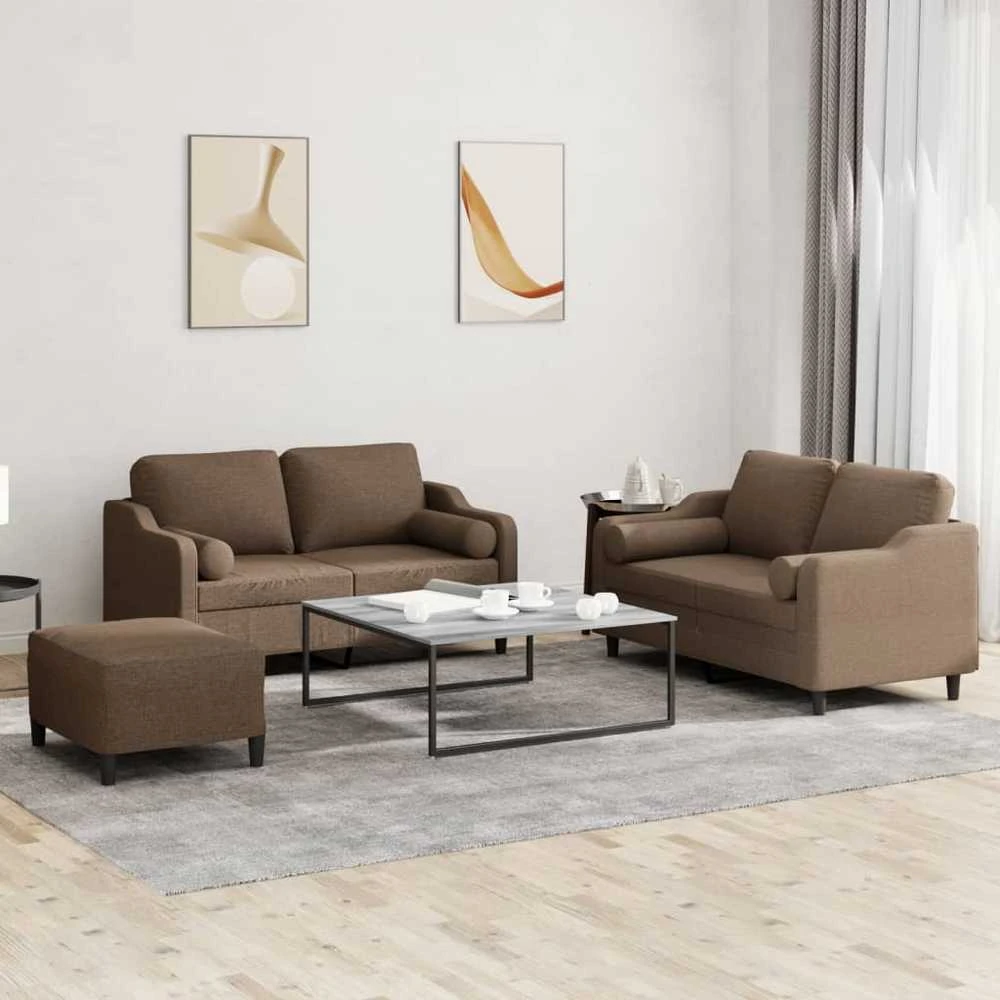 Sofa Sofos komplektas su pagalvėmis, 3 dalių, rudas, audinys