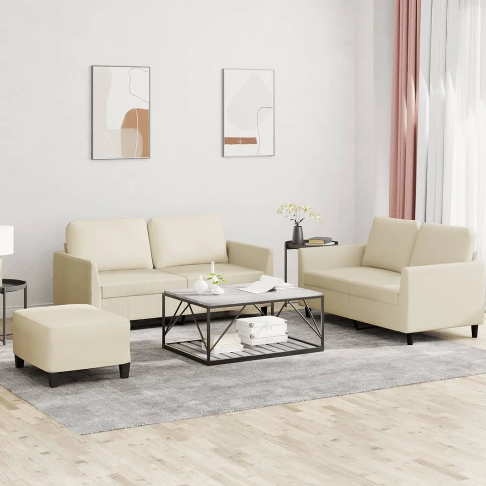 Sofa Sofos komplektas su pagalvėmis, 3 dalių, kreminis, dirbtinė oda