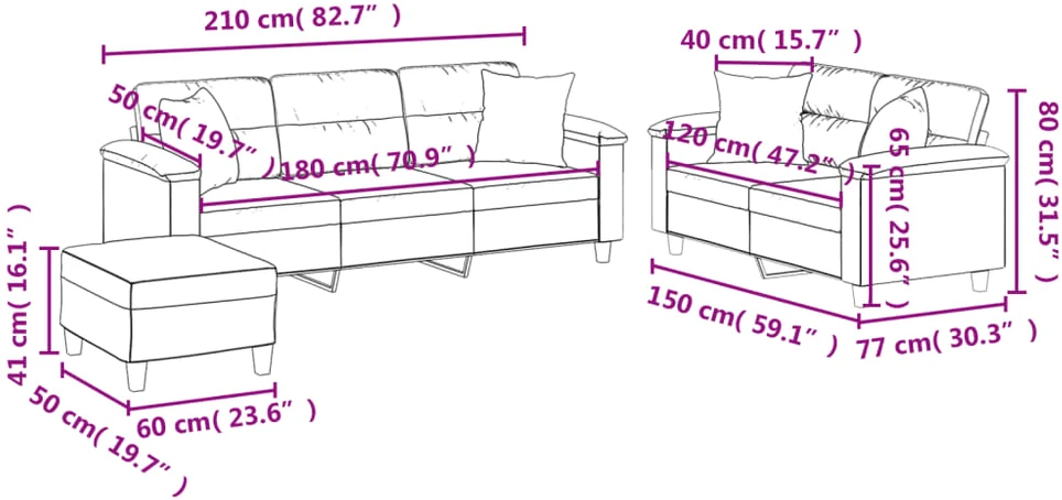 Sofa Sofos komplektas su pagalvėmis, 3 dalių, taupe, audinys