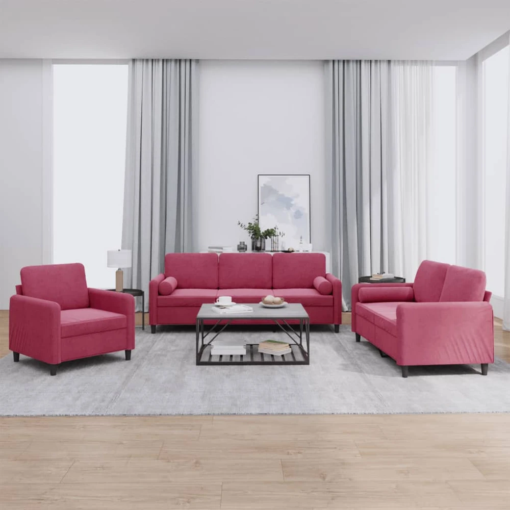Sofa Sofos komplektas su pagalvėmis, 3 dalių, vyno, aksomas