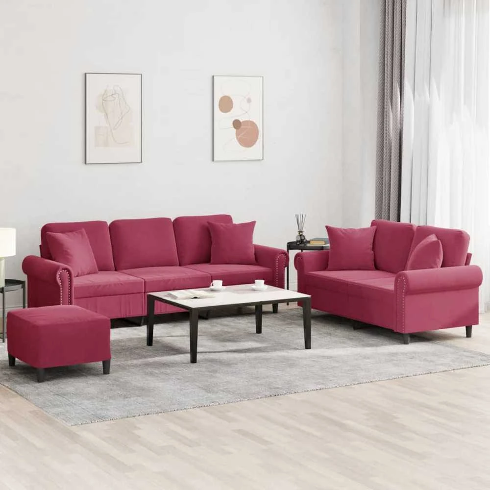 Sofa Sofos komplektas su pagalvėmis, 3 dalių, vyno, aksomas