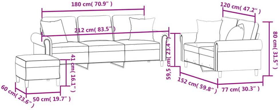Sofa Sofos komplektas su pagalvėmis, 3 dalių, rudas, aksomas