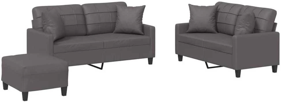 Sofa Sofos komplektas su pagalvėmis, 3 dalių, pilkas, dirbtinė oda