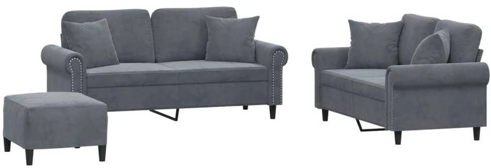 Sofa Sofos komplektas su pagalvėmis, 3 dalių, pilkas, aksomas