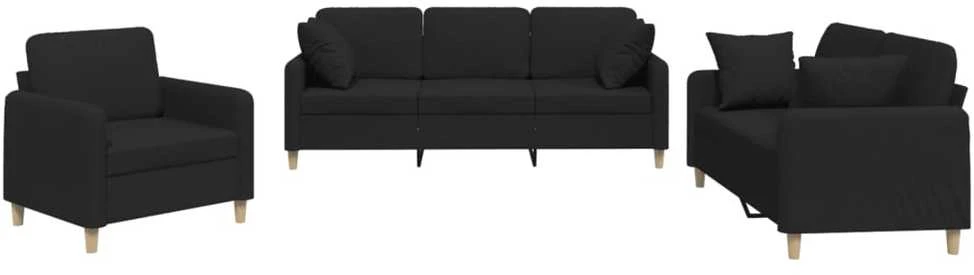 Sofa Sofos komplektas su pagalvėmis, 3 dalių, juodas, audinys