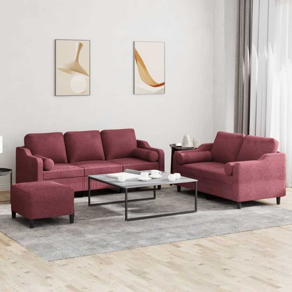 Sofa Sofos komplektas su pagalvėmis, 3 dalių, vyno, audinys