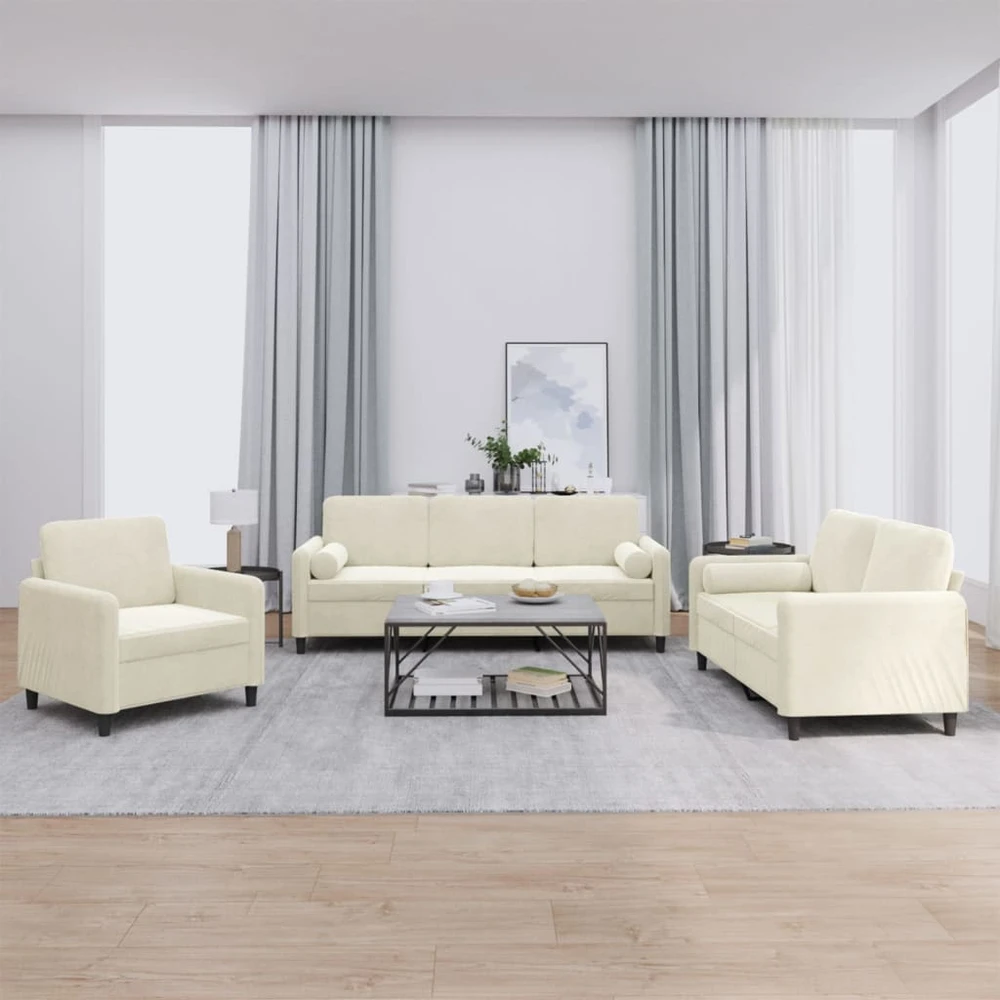 Sofa Sofos komplektas su pagalvėmis, 3 dalių, kreminis, aksomas