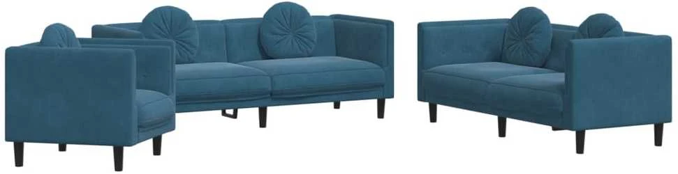 Sofa Sofos komplektas su pagalvėmis, 3 dalių, mėlynas, aksomas