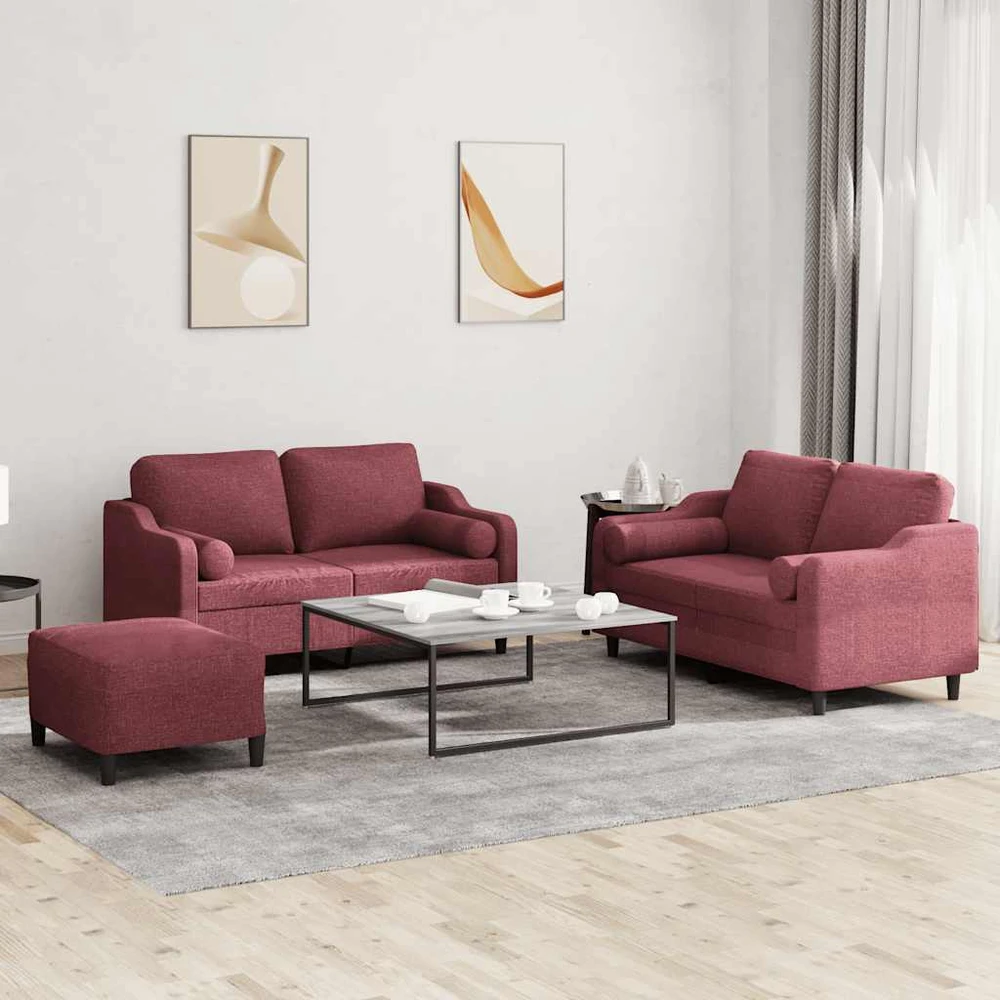 Sofa Sofos komplektas su pagalvėmis, 3 dalių, vyno, audinys