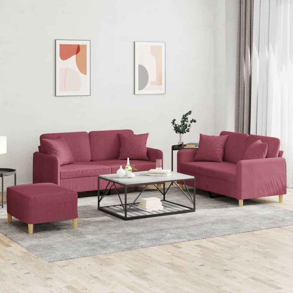 Sofa Sofos komplektas su pagalvėmis, 3 dalių, vyno, audinys