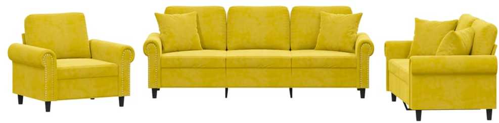 Sofa Sofos komplektas su pagalvėmis, 3 dalių, geltonas, aksomas
