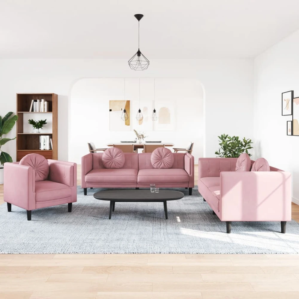 Sofa Sofos komplektas su pagalvėmis, 3 dalių, rožinis, aksomas